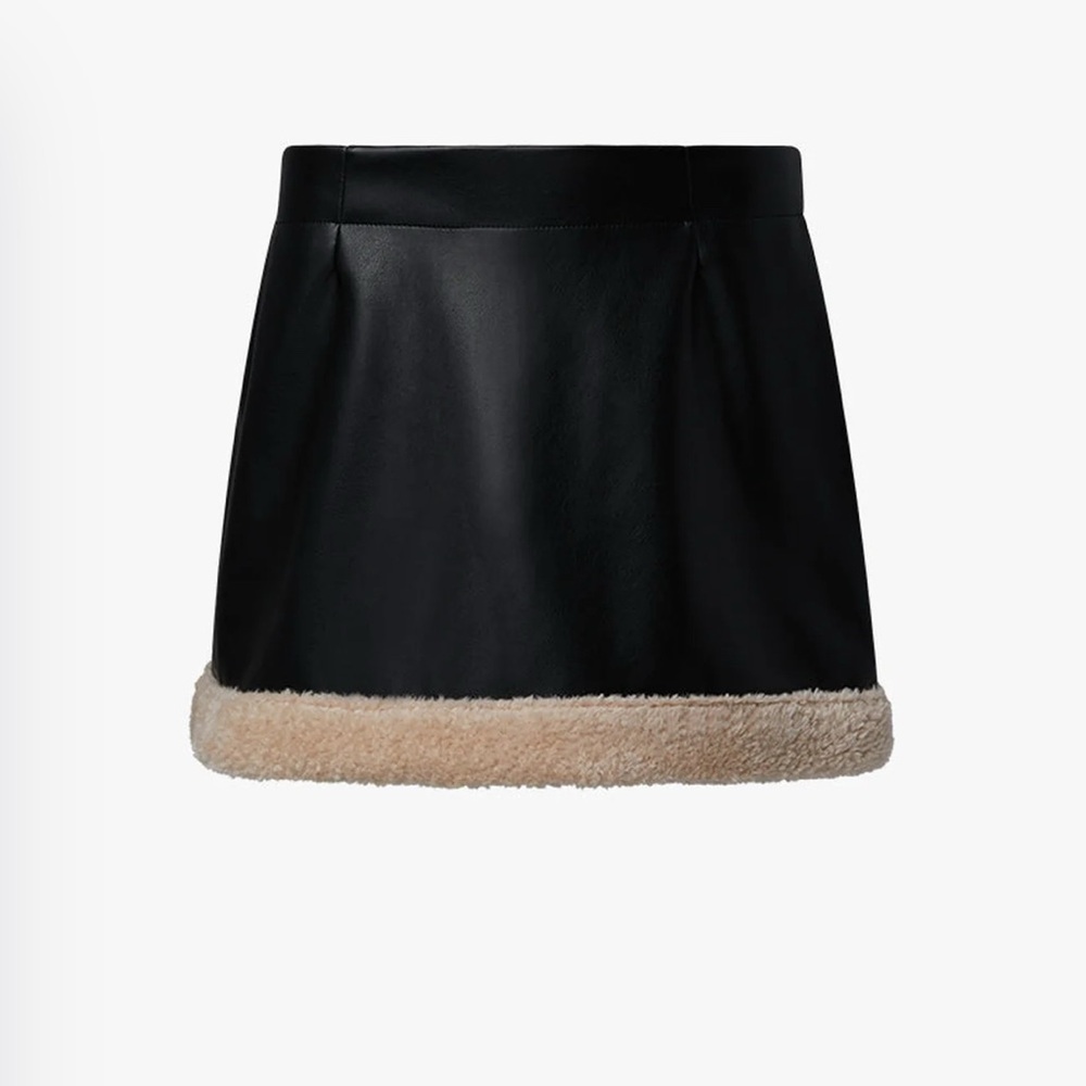 Black Faux Leather Skirt with Tan Trim